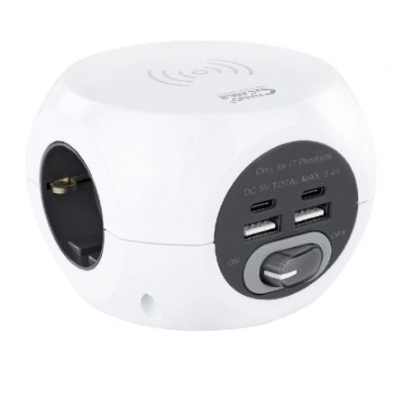 Regleta Nanocable 10.37.0002 con Carga inalambrica/ 3 Tomas de corriente/ 2 USB A - 2 USB Tipo C/ Cable 1.4m/ Blanca